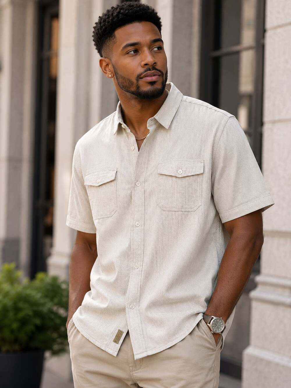 Sean John Men's Linen-Cotton Blend Short-Sleeve Striped Button-Up Shirt